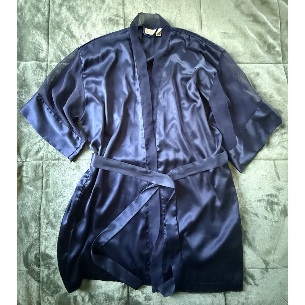 Vintage Victoria’s Secret Navy Blue Satin & Sheer Short Tie Robe One Size